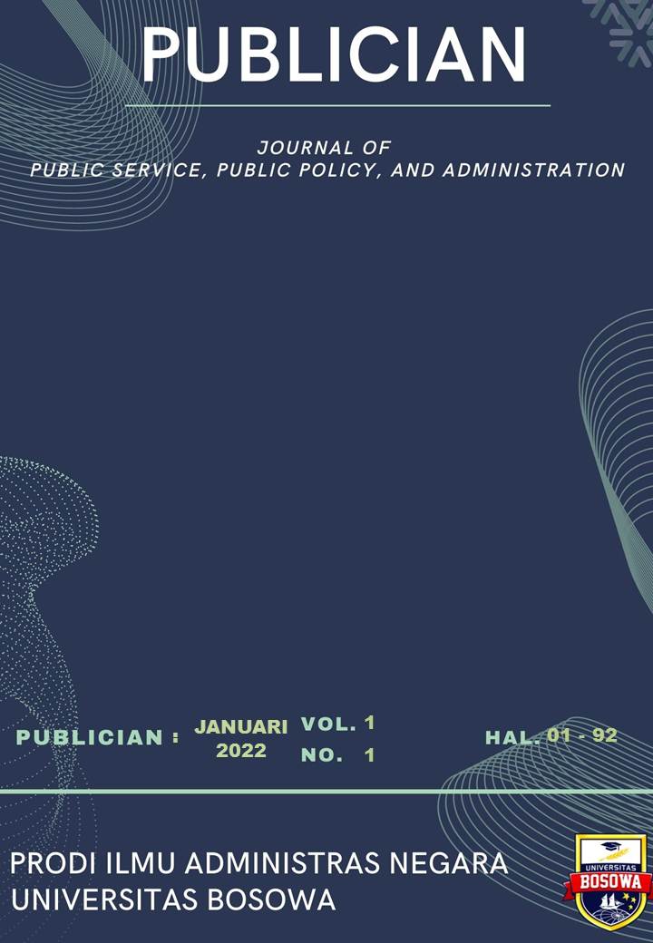 					View Vol. 1 No. 1 (2022): PUBLICIAN: Journal of Public Service, Public Policy, and Administrastion, Januari 2022
				