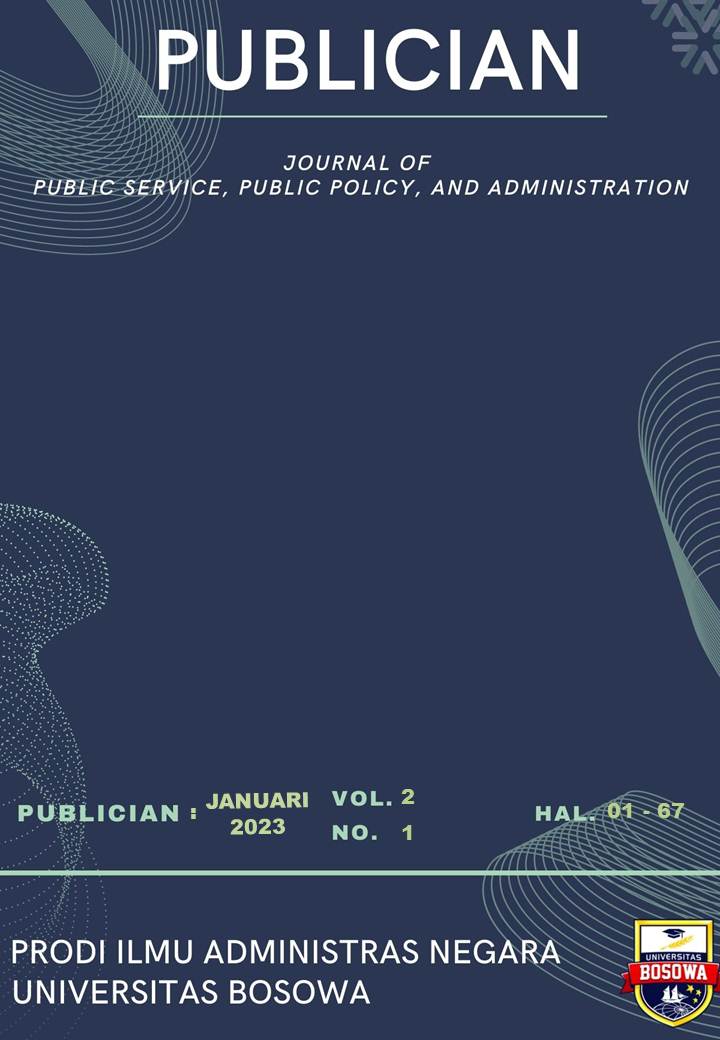 					View Vol. 2 No. 1 (2023): PUBLICIAN: Journal of Public Service, Public Policy, and Administrastion, Januari 2023
				