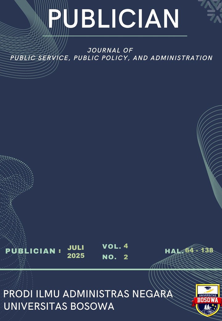 					View Vol. 4 No. 2 (2025): PUBLICIAN: Journal of Public Service, Public Policy, and Administrastion, Juli 2025
				