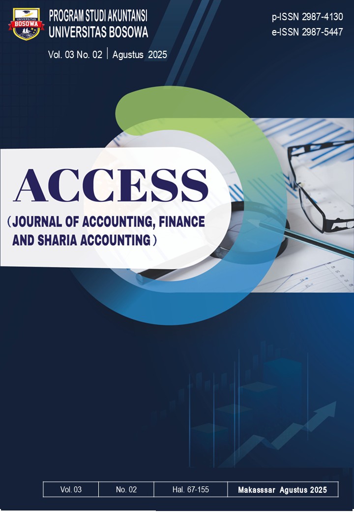 					View Vol. 3 No. 2 (2025): ACCESS: Journal of Accounting, Finace and Sharia Accounting, Agustus 2025
				